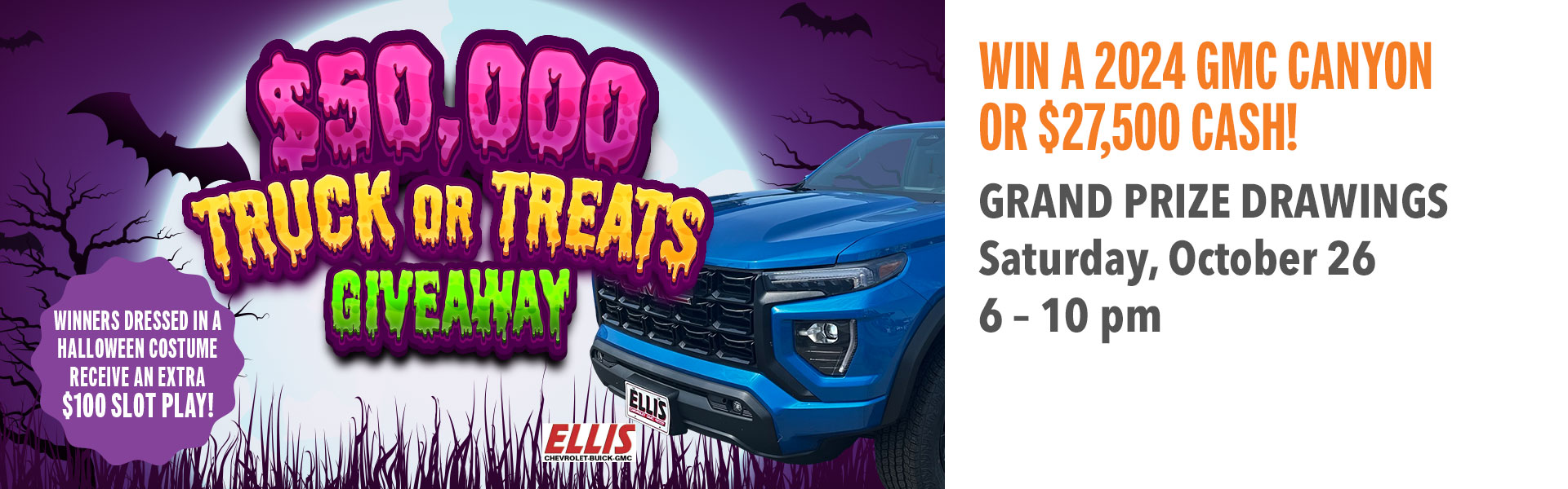 Win the 2024 GMC Canyon grand prize in the $50,000 Tick or Treat Giveaway!